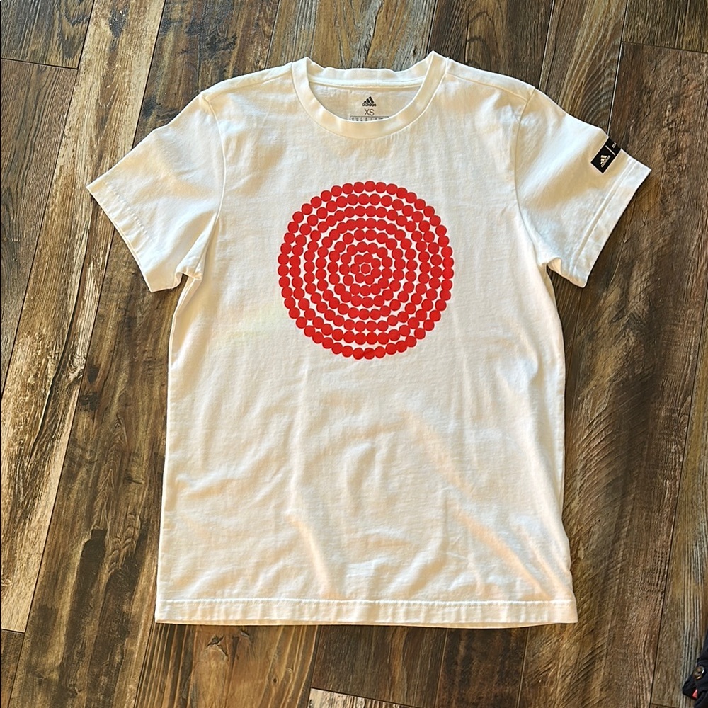 Adidas Red and White Short Sleeve Tee with Bold Spiral Design